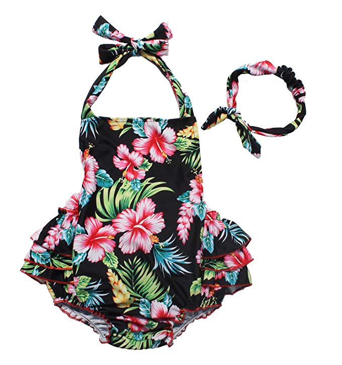 Black Hawaiian 50's Floral Ruffle Swimsuit