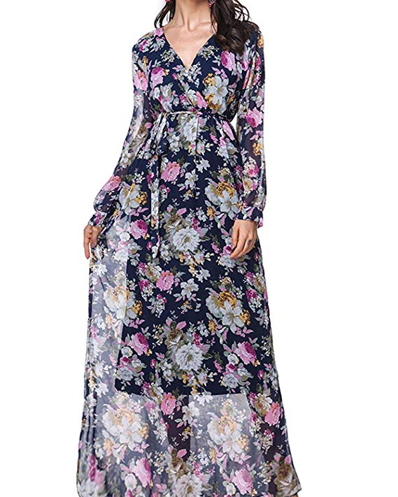 Women's Vintage Floral Long Sleeve Boho Maxi