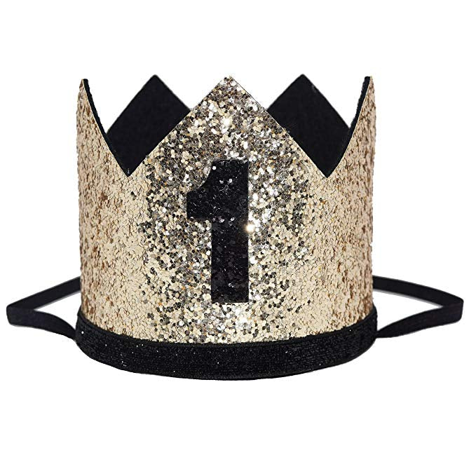 1st Birthday Glitter Crown - Black and Gold