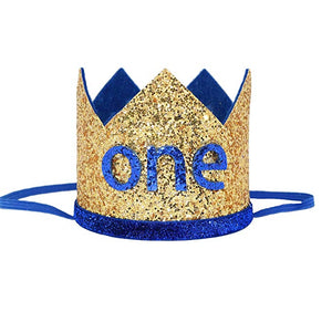 1st Birthday Glitter Crown - Blue and Gold "ONE"