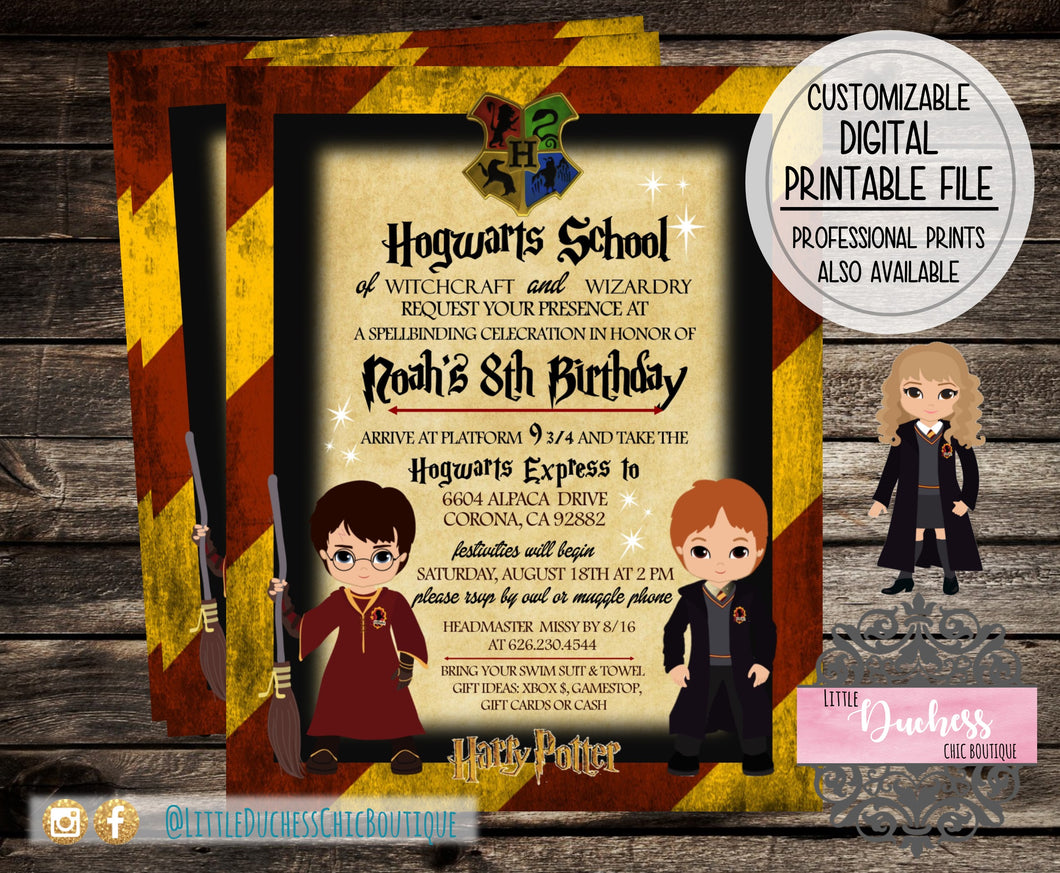 Harry Potter Party Birthday Invitation Red and Gold