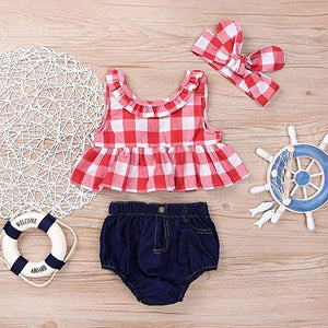Red Plaid Bowknot and Demin Short Set