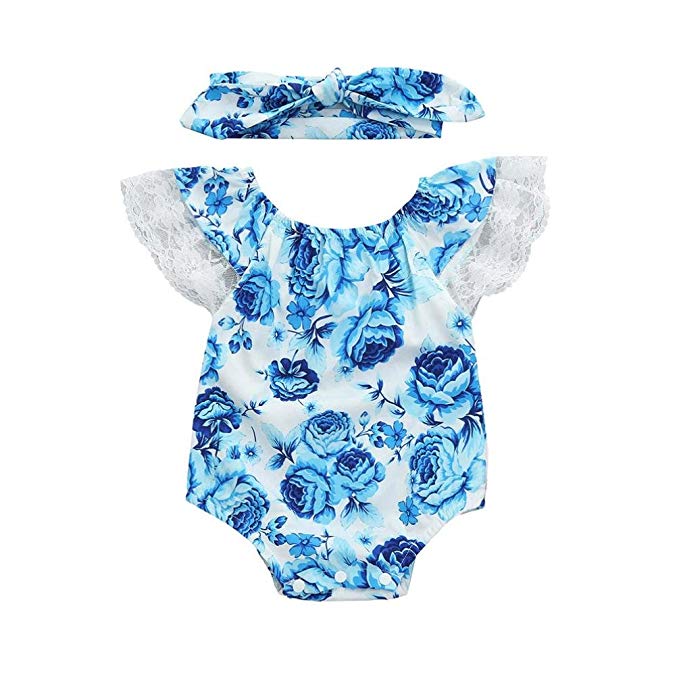 Baby Girl Blue Floral Lace Romper