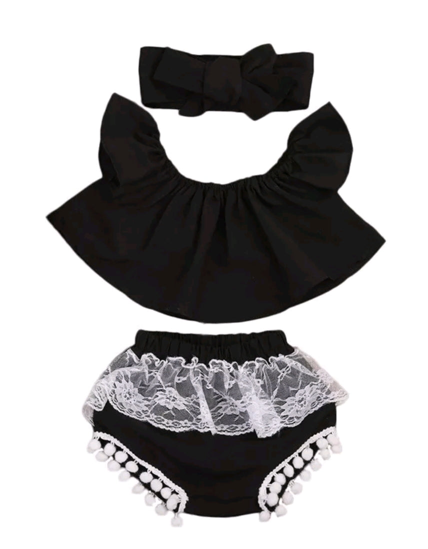 Baby Girl Black and White Lace Tassel Outfit Set