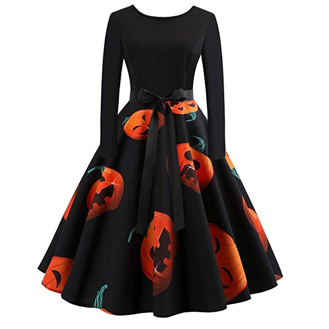 Women's Halloween Swing Dress - Orange Pumpkin